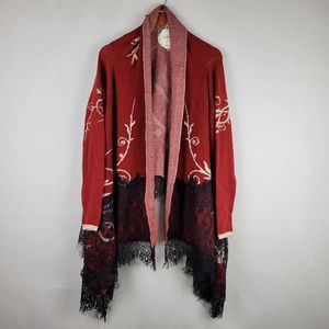 Simply Couture Open Front Cardigan Womens M Long Sleeve Red Black Lace Sweater